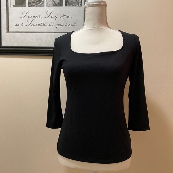 NWT Adrienne Vittadini 3 quarter sleeve square neck black top - Picture 2 of 9